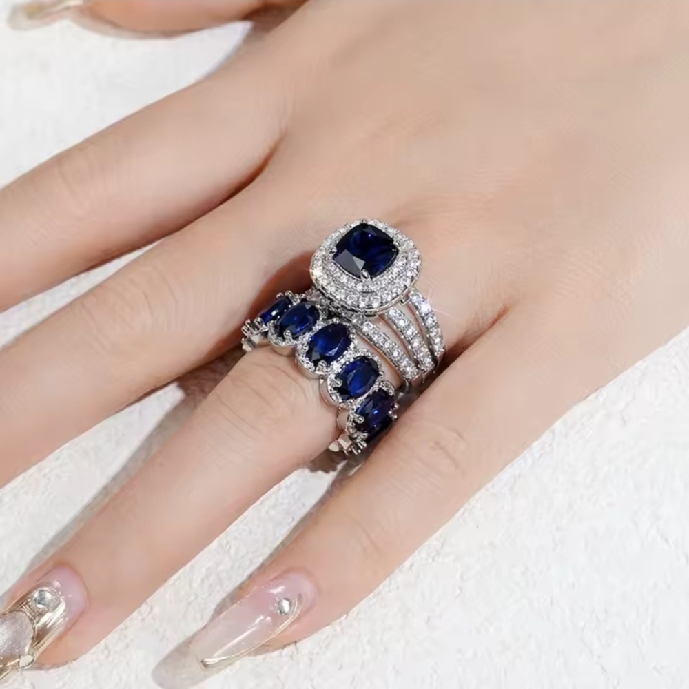 925 Silver-sterling 2pcs Set and Blue Cubic Zirconia Rings | Weddings | Engageme